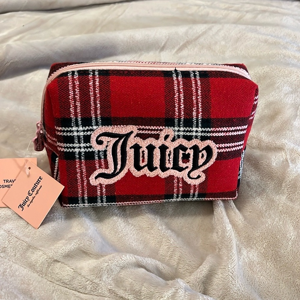 Juicy Couture NWT Red Plaid Travel Cosmetic Train Case Set